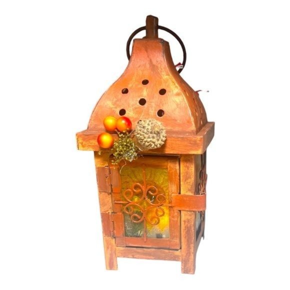 Decoupaged and Hand-Painted Candle Metal Lantern Candle Holder For Fall Decor - Picture 1 of 13